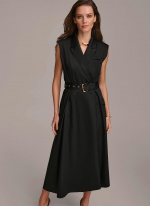 Black Donna Karan Belted Asymmetrical Dress | PH_DK42334