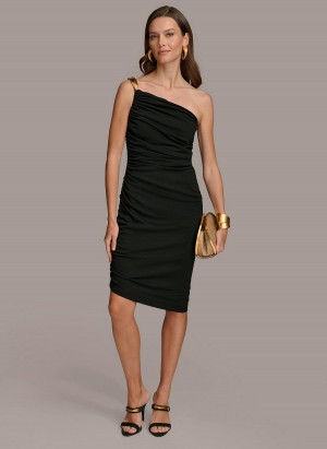 Black Donna Karan One Shoulder Ruched Dress | PH_DK55296