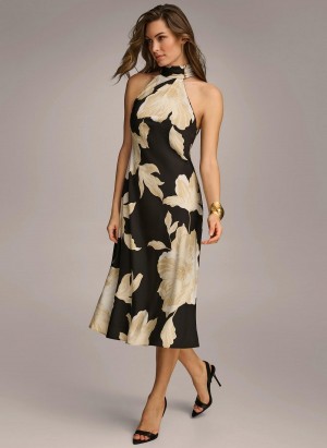 Black / Cream Donna Karan Halter Floral Print Midi Dress | PH_DK18623