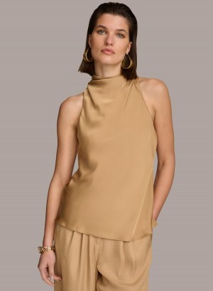 Gold Donna Karan High Drape Neck Sweaters and Tops | PH_DK11977