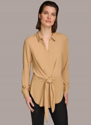 Gold Donna Karan Long Sleeve High-low With Tie At Waist Sweaters and Tops | PH_DK42377