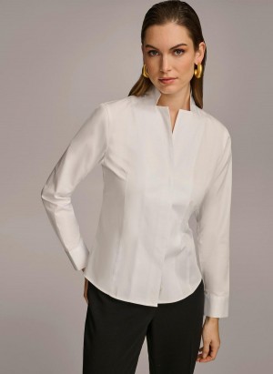 White Donna Karan Cotton Notch Collar Button Down Sweaters and Tops | PH_DK44979