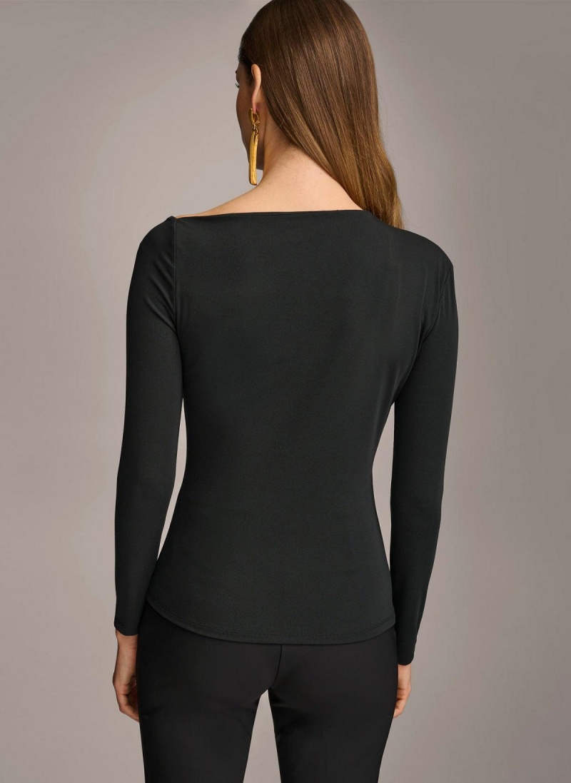 Black Donna Karan Asymmetrical Neckline Fitted Sweaters and Tops | PH_DK25005