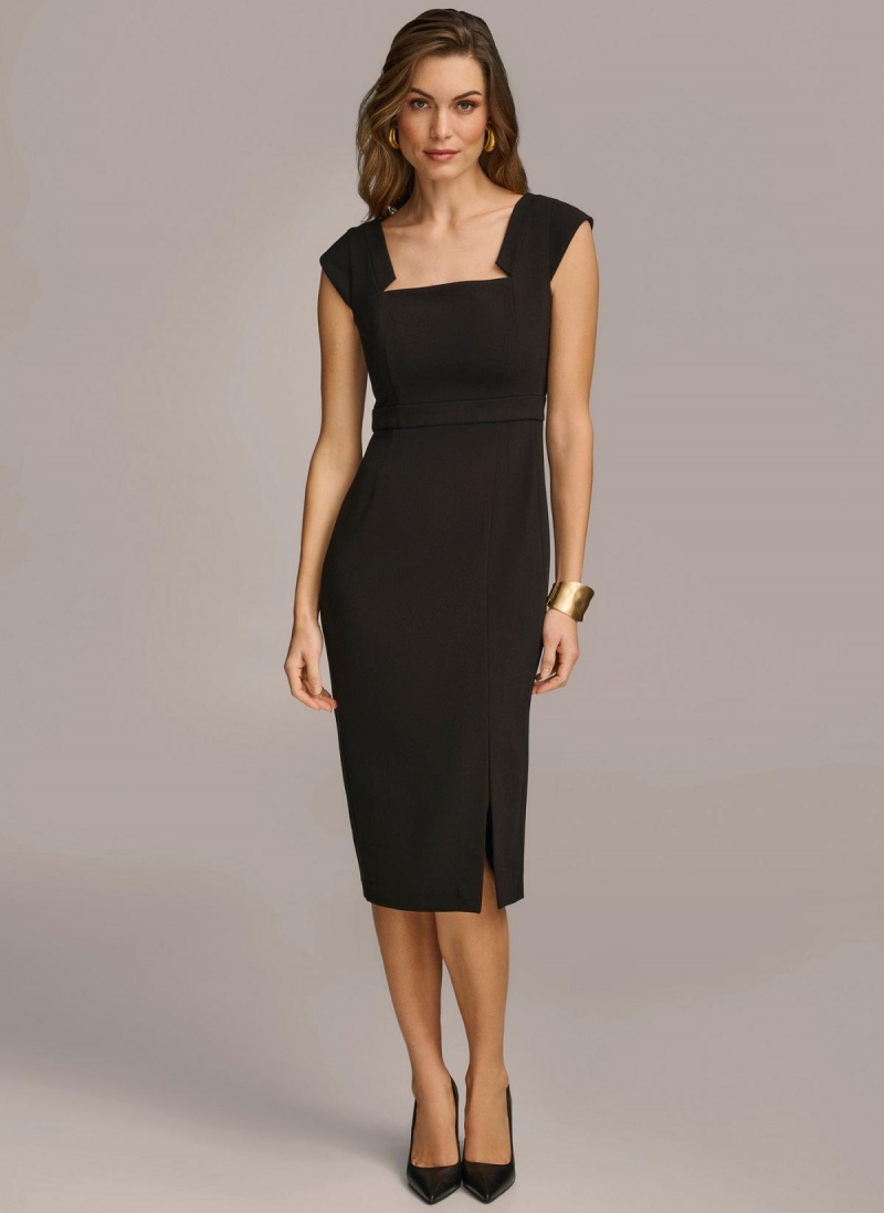 Black Donna Karan Cap Sleeve Square Neck Sheath With Slit Dress | PH_DK84244