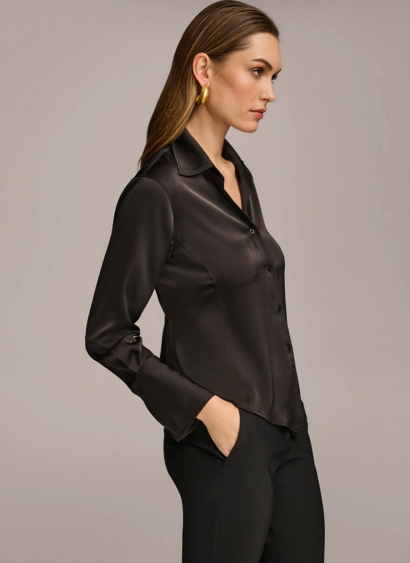 Black Donna Karan Collared Button Down Blouse Sweaters and Tops | PH_DK36242