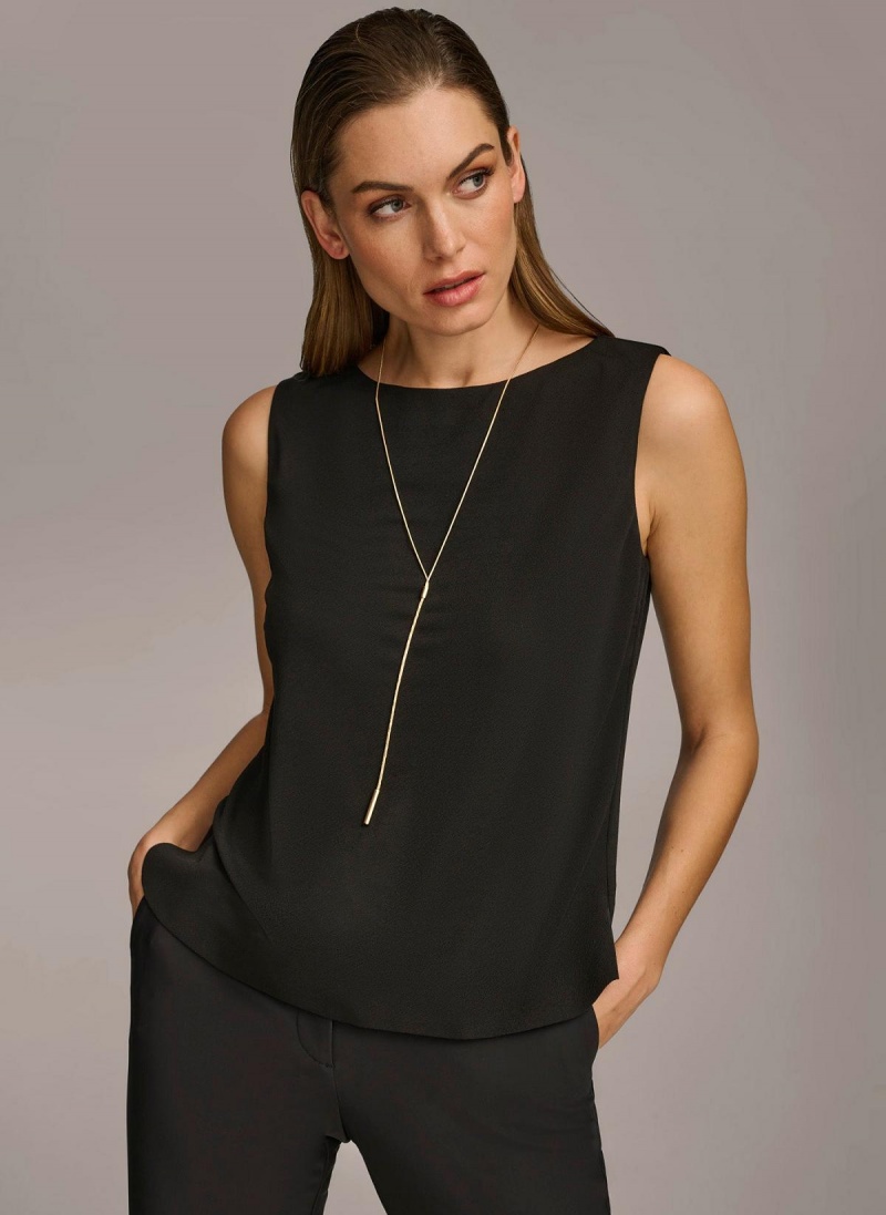 Black Donna Karan Crew Neck Layering Knit Sweaters and Tops | PH_DK63267