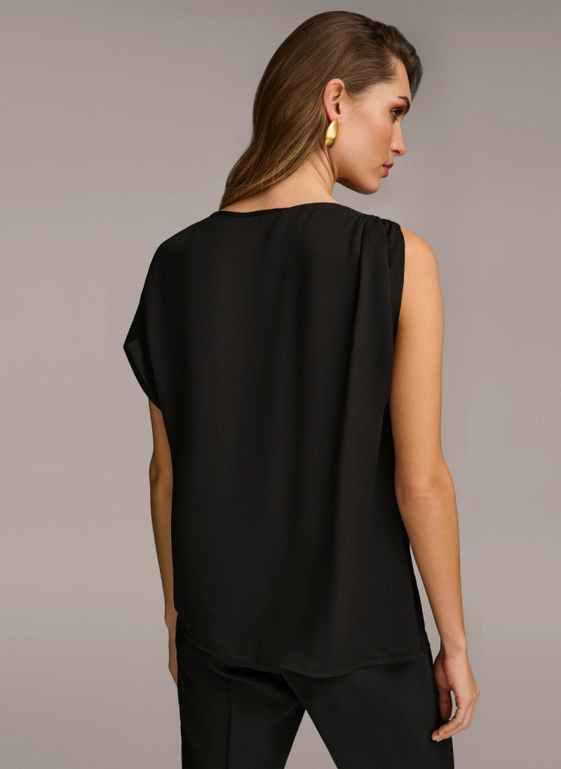 Black Donna Karan Gathered Hardware Shoulder Sweaters and Tops | PH_DK23689