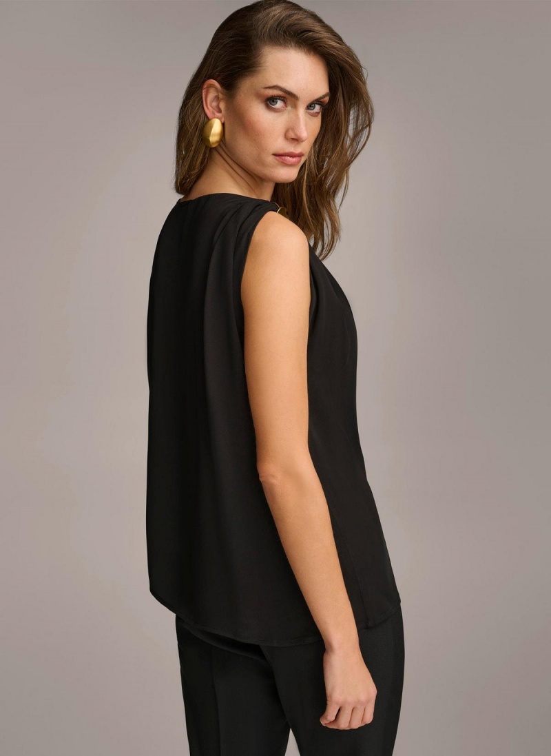 Black Donna Karan Gathered Hardware Shoulder Sweaters and Tops | PH_DK23689