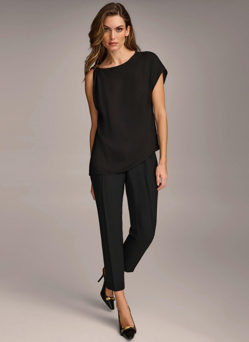 Black Donna Karan Gathered Hardware Shoulder Sweaters and Tops | PH_DK23689