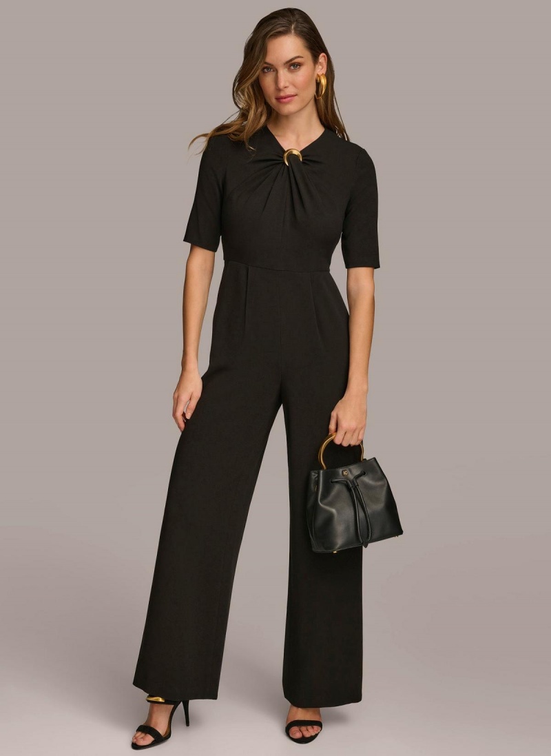 Black Donna Karan Half Sleeve Twist Neck Jumpsuit | PH_DK87224