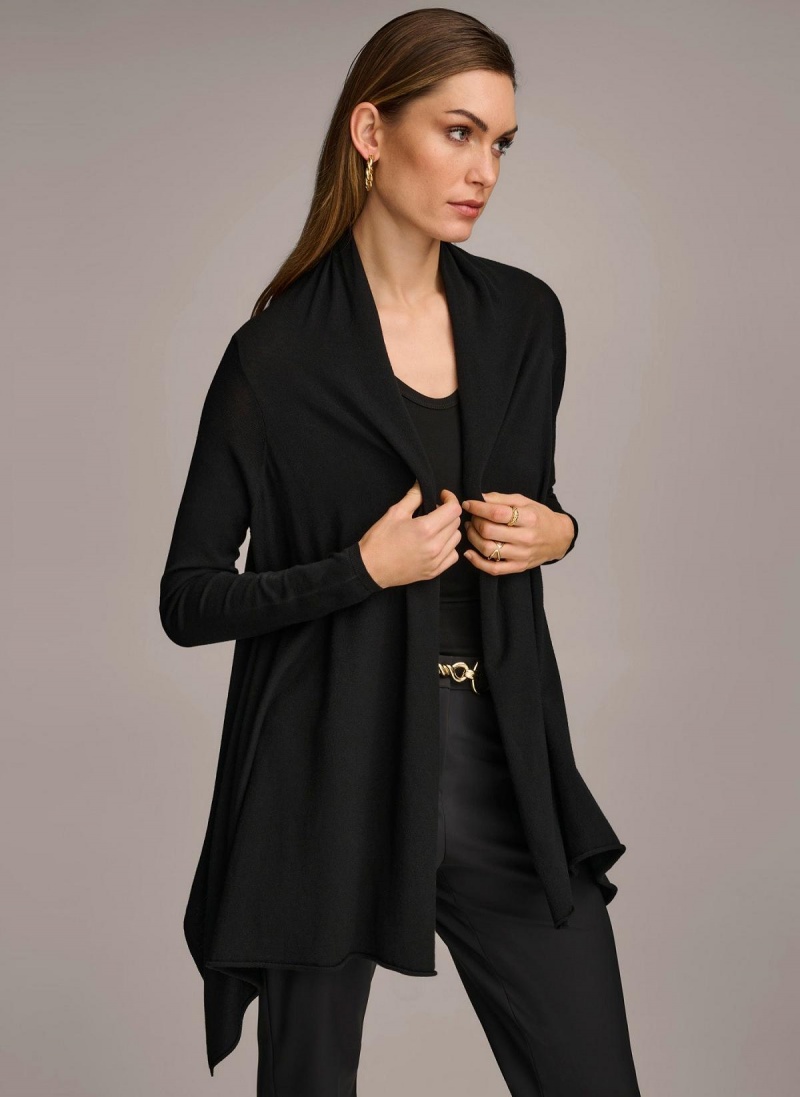 Black Donna Karan Long Sleeve Drape Cardigan Sweaters and Tops | PH_DK78274