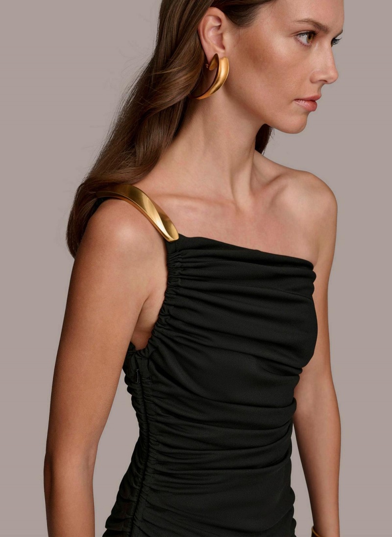 Black Donna Karan One Shoulder Ruched Dress | PH_DK55296