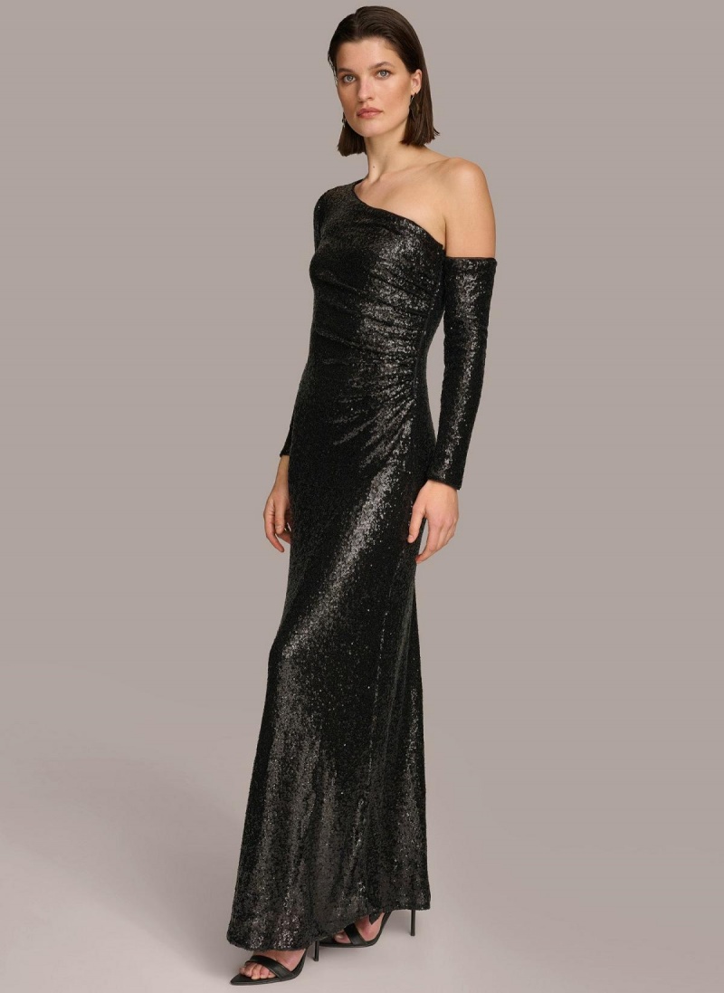 Black Donna Karan One Shoulder Sequin Dress | PH_DK11214