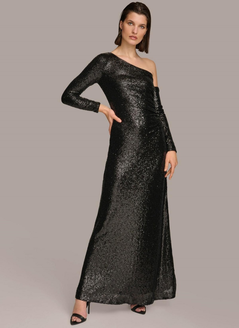 Black Donna Karan One Shoulder Sequin Dress | PH_DK11214