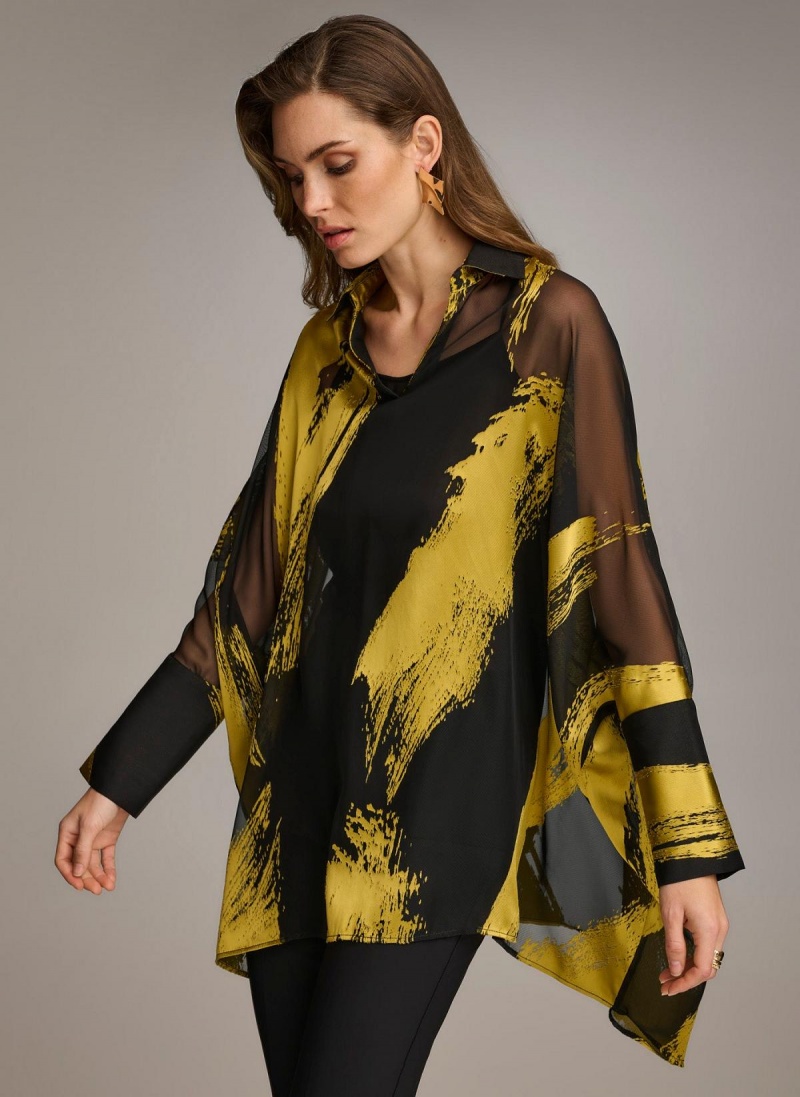 Black Donna Karan Print Collared Tunic Sweaters and Tops | PH_DK19735