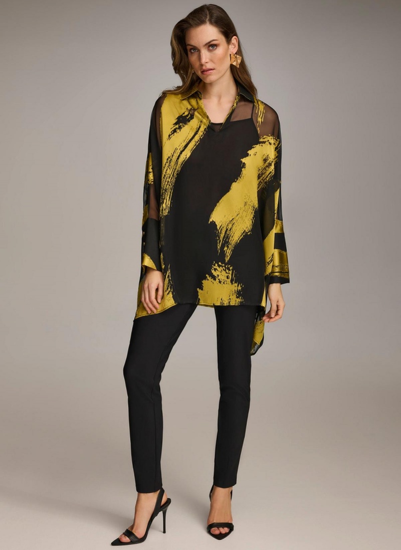 Black Donna Karan Print Collared Tunic Sweaters and Tops | PH_DK19735