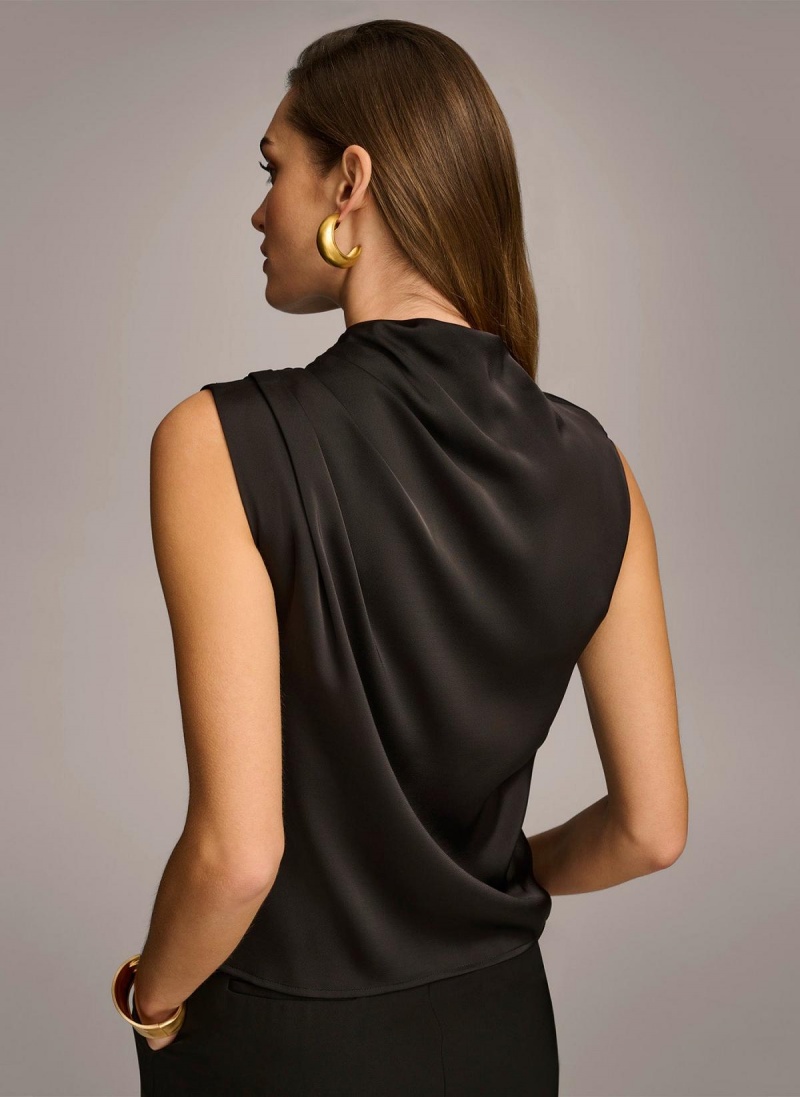 Black Donna Karan Sleeveless Draped Mockneck Sweaters and Tops | PH_DK36661