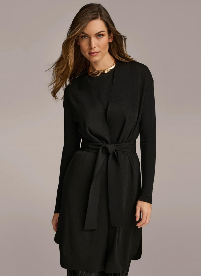 Black Donna Karan Tie Waist Cardigan Sweaters and Tops | PH_DK72471