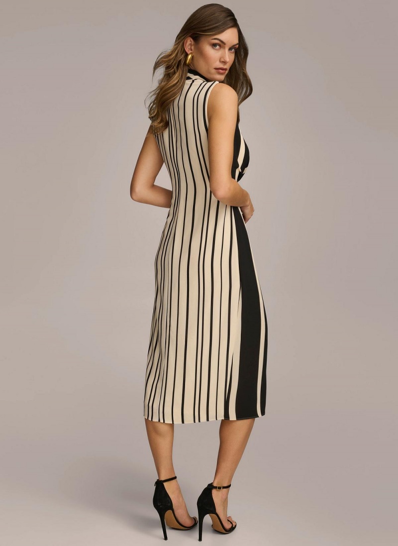 Black Donna Karan V Neck Striped Midi Dress | PH_DK46551