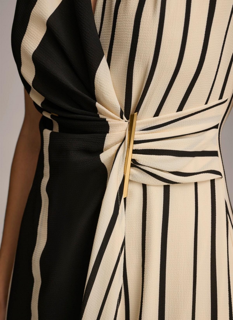 Black Donna Karan V Neck Striped Midi Dress | PH_DK46551