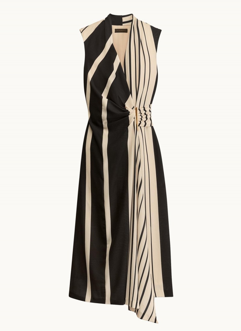 Black Donna Karan V Neck Striped Midi Dress | PH_DK46551