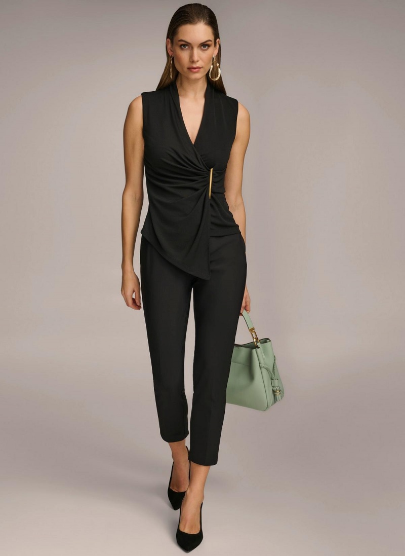 Black Donna Karan V-neck With Hardware And Ruched Detail Sweaters and Tops | PH_DK85055