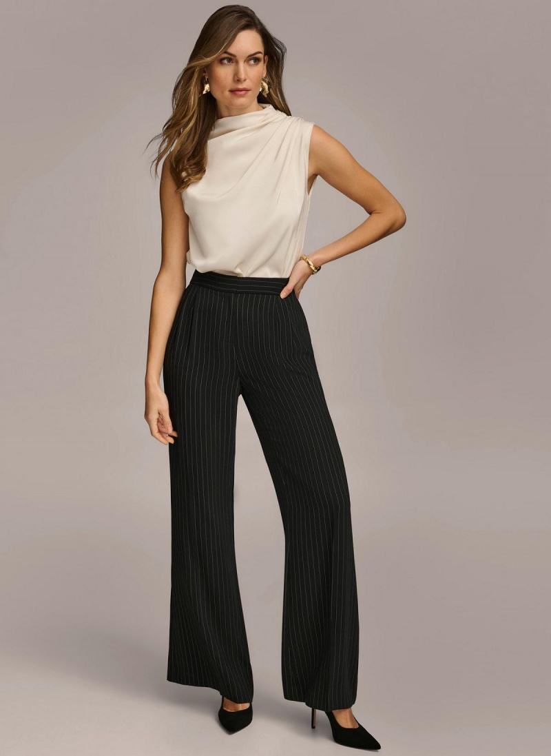 Black Donna Karan Wide Leg Pinstripe Pants | PH_DK92259