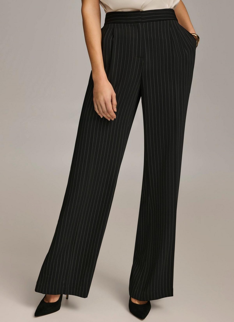 Black Donna Karan Wide Leg Pinstripe Pants | PH_DK92259