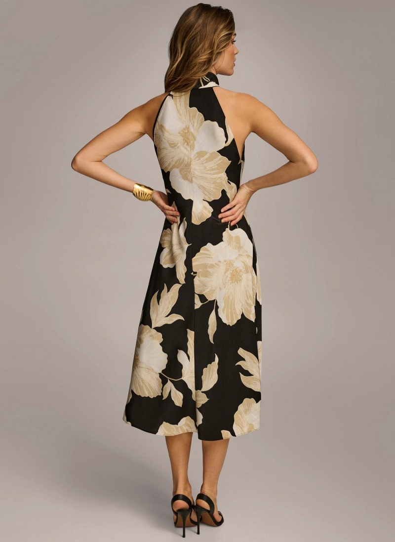 Black / Cream Donna Karan Halter Floral Print Midi Dress | PH_DK18623