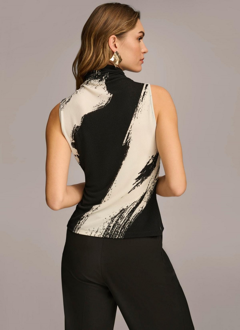 Black / Cream Donna Karan Sleeveless Mockneck Sweaters and Tops | PH_DK28502