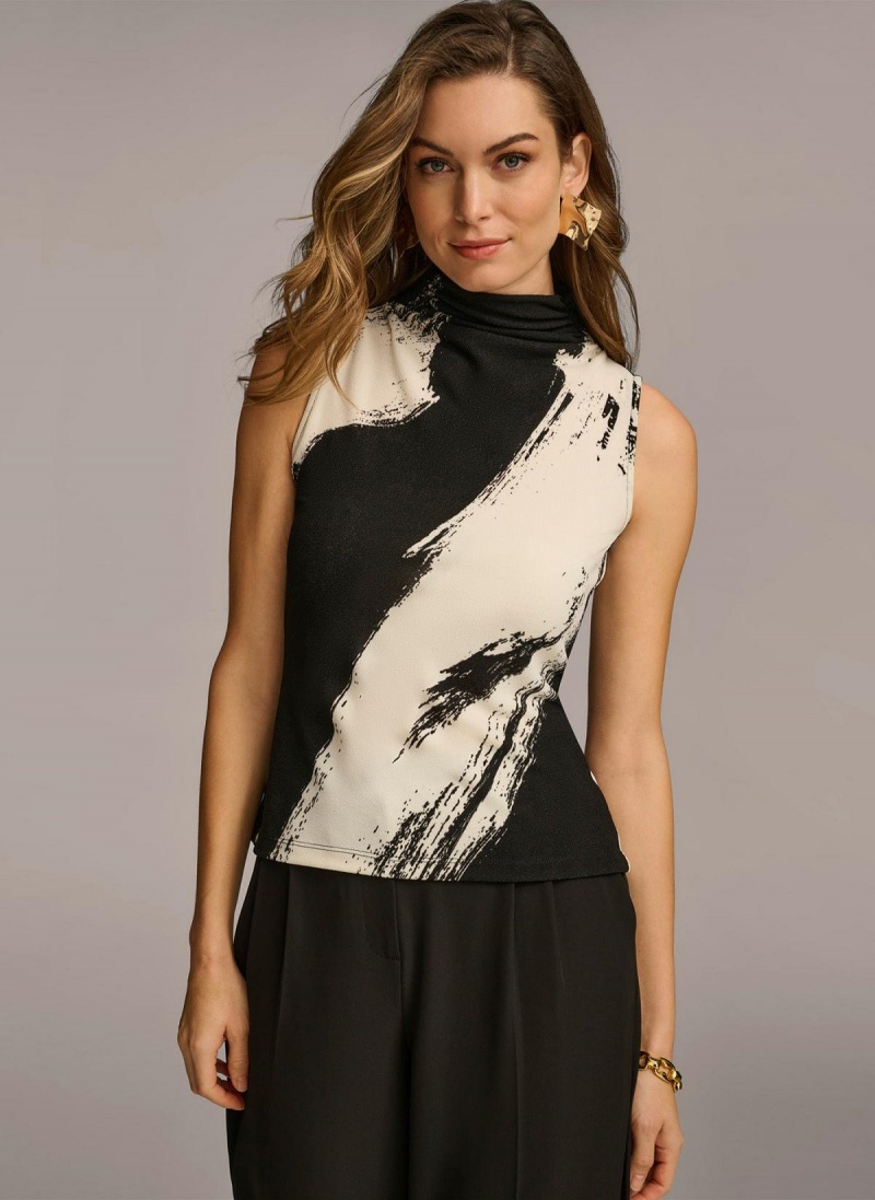 Black / Cream Donna Karan Sleeveless Mockneck Sweaters and Tops | PH_DK28502