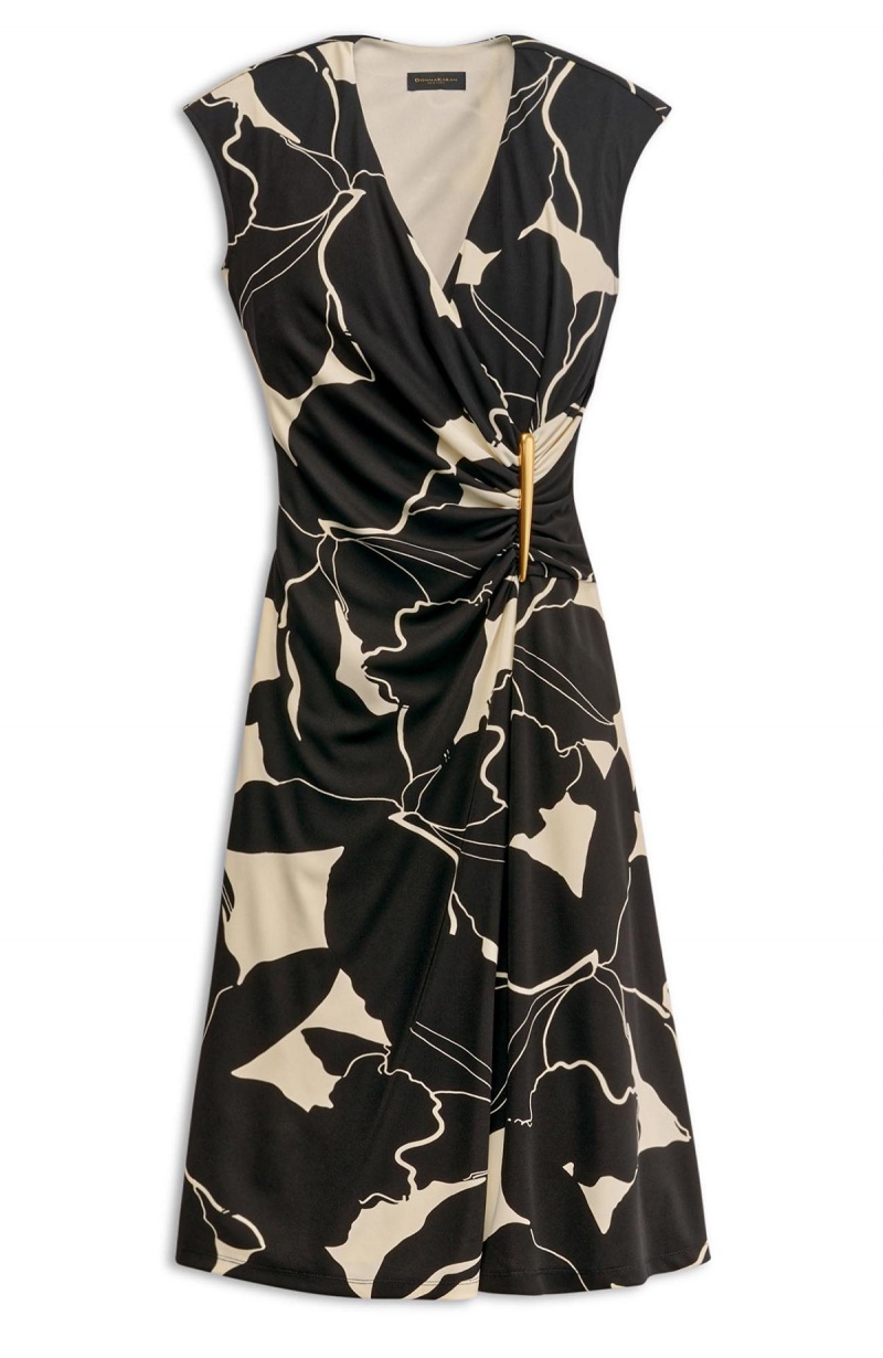 Black / Cream Donna Karan Vneck Midi Dress | PH_DK61760