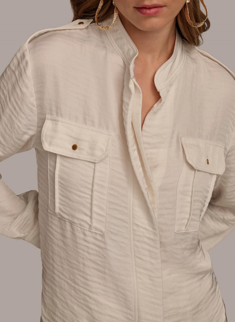 Cream Donna Karan Button Up With Pockets Sweaters and Tops | PH_DK69411