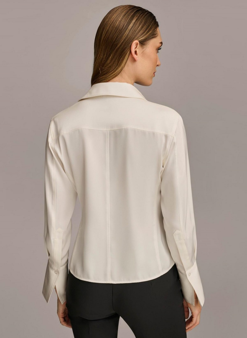 Cream Donna Karan Collared Button Down Blouse Sweaters and Tops | PH_DK40032