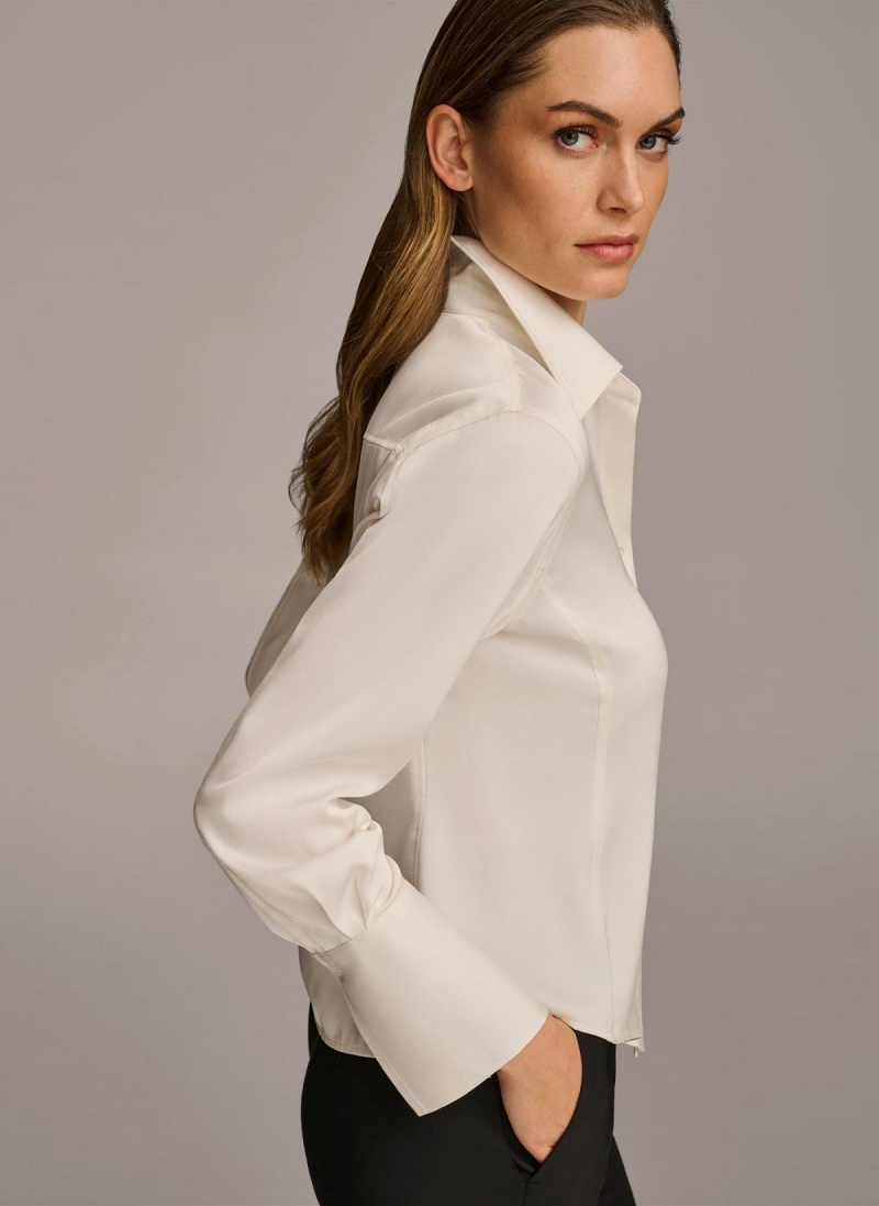 Cream Donna Karan Collared Button Down Blouse Sweaters and Tops | PH_DK40032