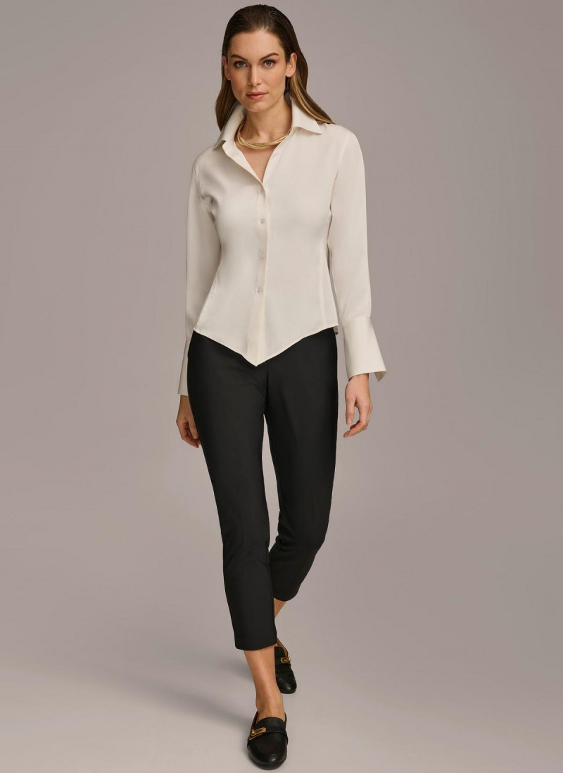 Cream Donna Karan Collared Button Down Blouse Sweaters and Tops | PH_DK40032