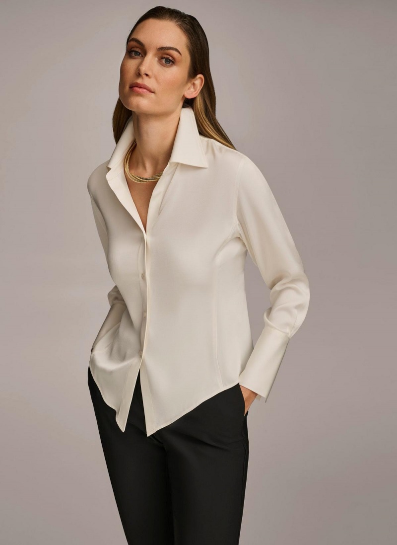 Cream Donna Karan Collared Button Down Blouse Sweaters and Tops | PH_DK40032