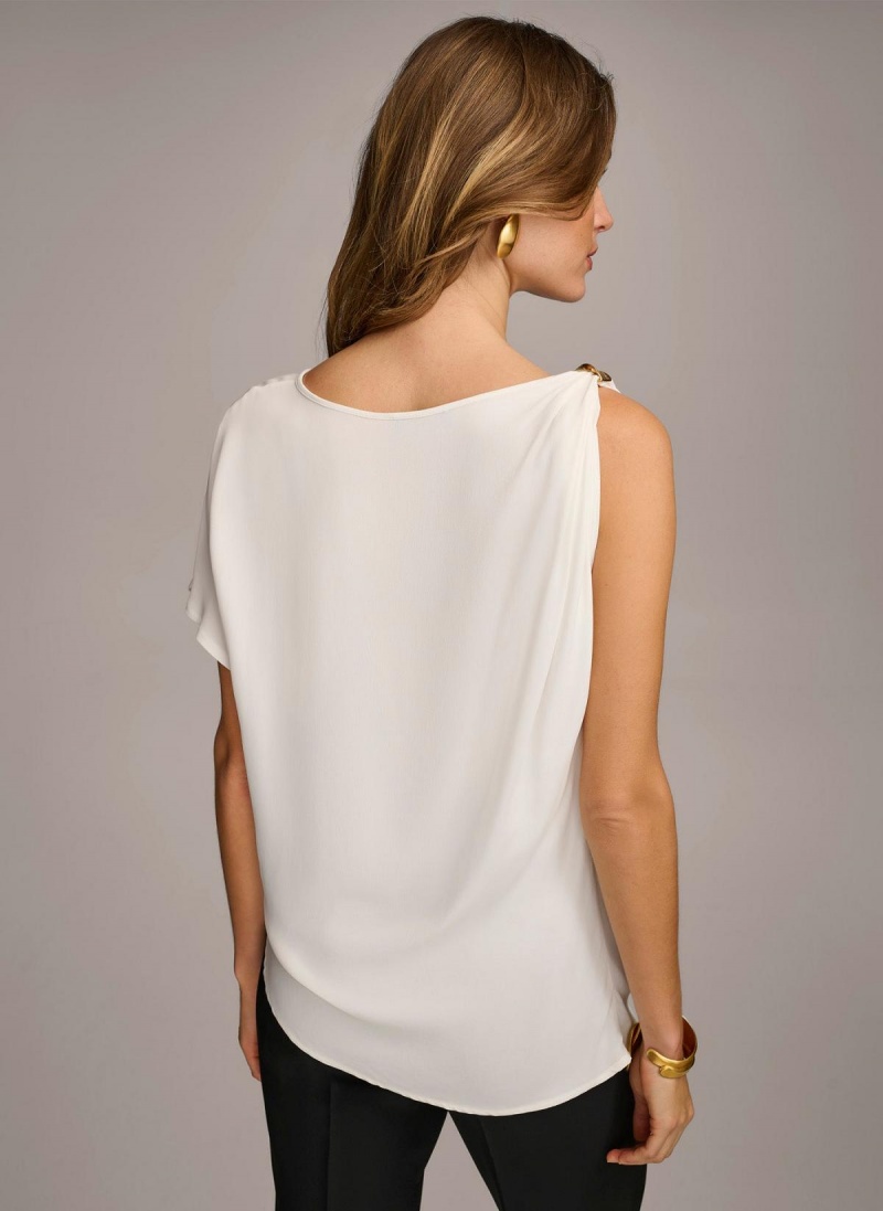 Cream Donna Karan Gathered Hardware Shoulder Sweaters and Tops | PH_DK89192