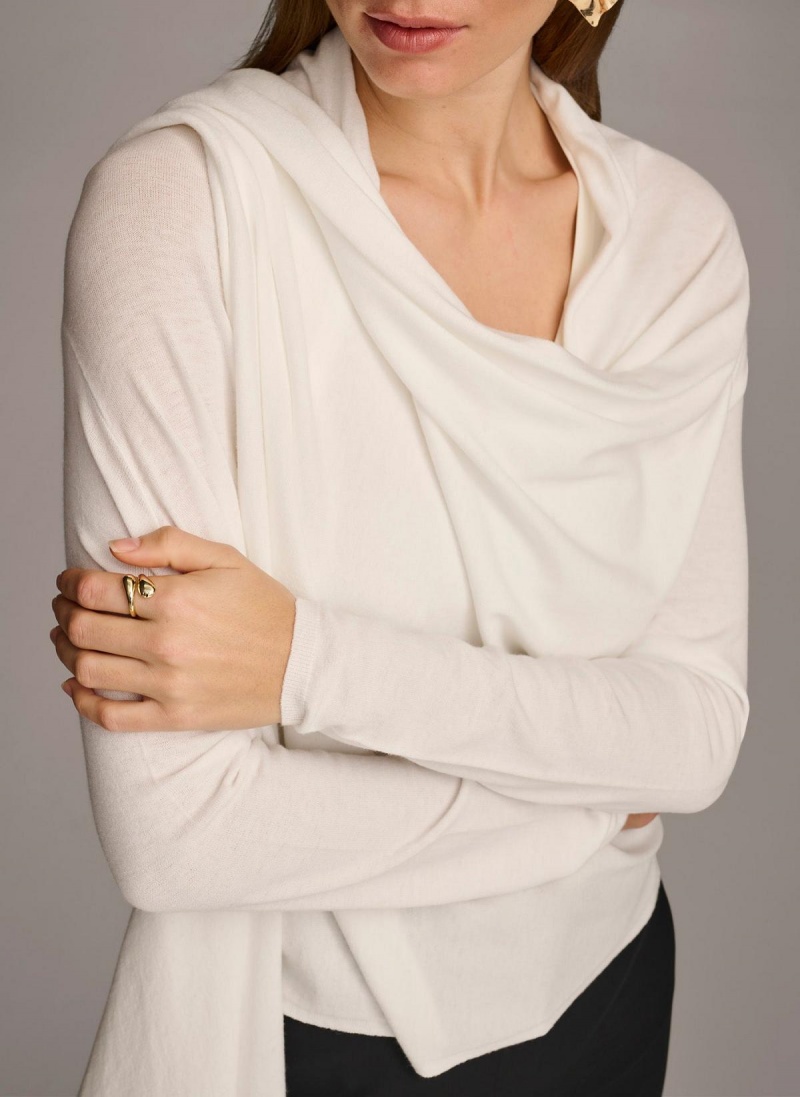 Cream Donna Karan Long Sleeve Drape Cardigan Sweaters and Tops | PH_DK82086