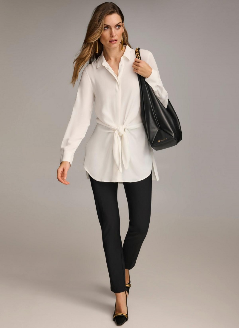 Cream Donna Karan Long Sleeve High-low With Tie At Waist Sweaters and Tops | PH_DK99458