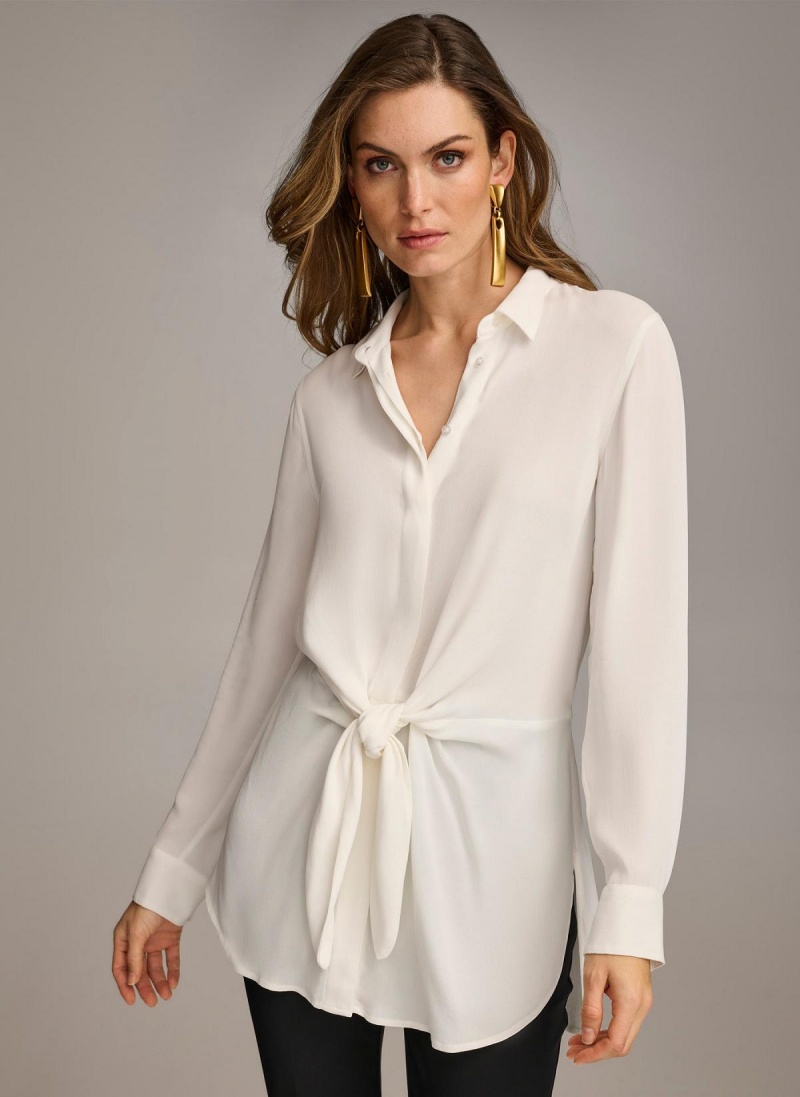 Cream Donna Karan Long Sleeve High-low With Tie At Waist Sweaters and Tops | PH_DK99458