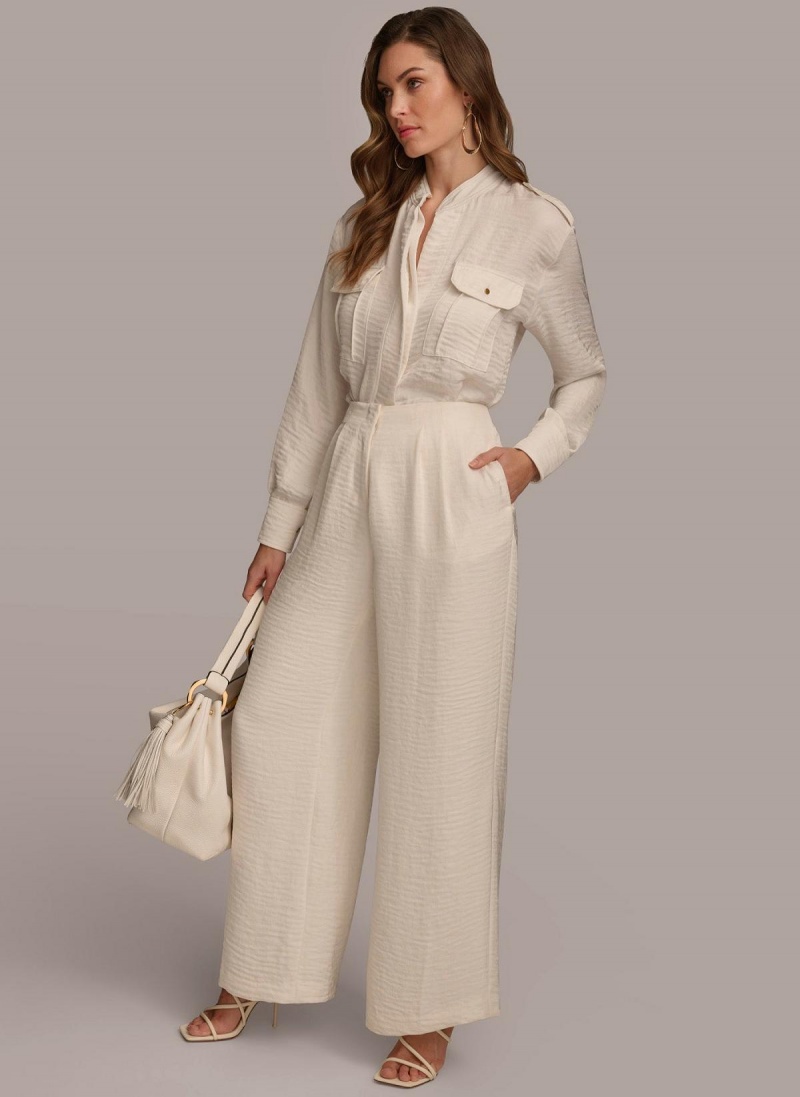 Cream Donna Karan Pleated Wide Leg Pants | PH_DK83282