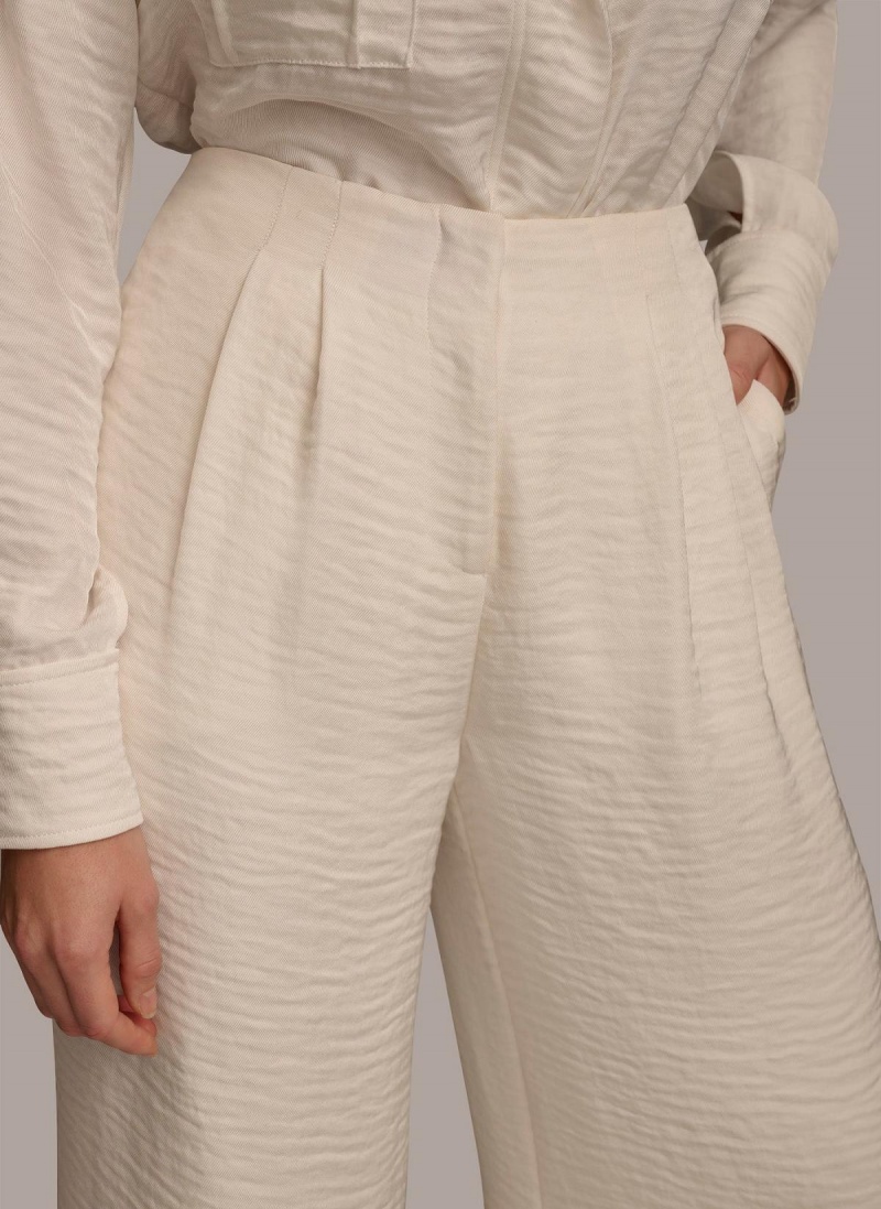 Cream Donna Karan Pleated Wide Leg Pants | PH_DK83282