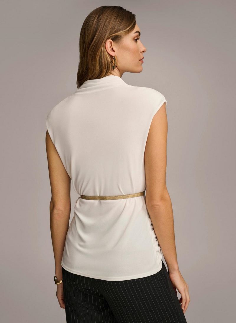 Cream Donna Karan Sleeveless Mock Neck Knit Sweaters and Tops | PH_DK42866