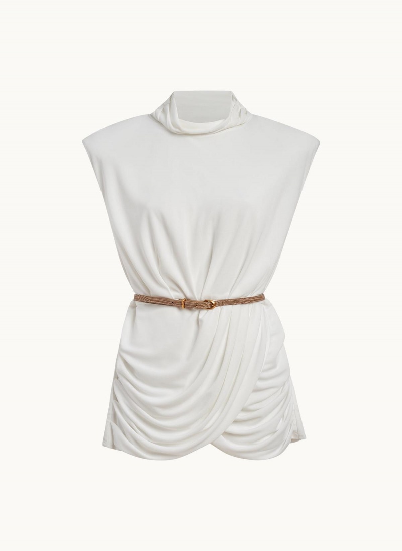 Cream Donna Karan Sleeveless Mock Neck Knit Sweaters and Tops | PH_DK42866