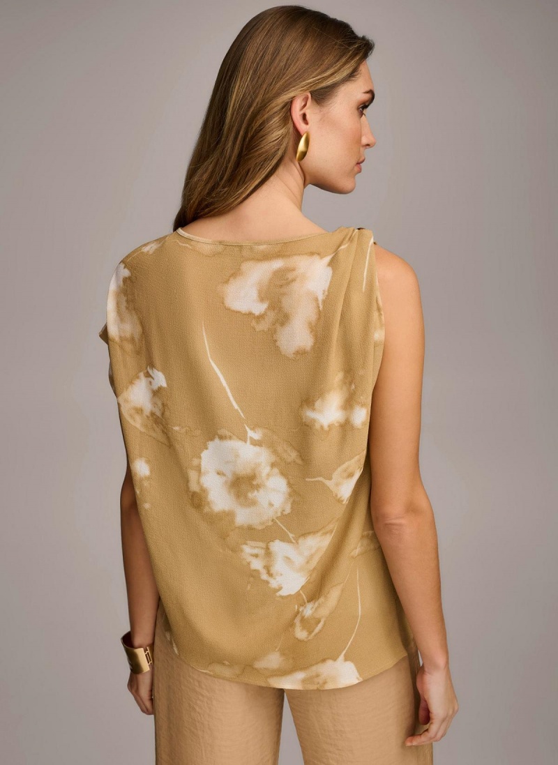 Gold Cream Donna Karan Printed Gathered Hardware Shoulder Sweaters and Tops | PH_DK45752