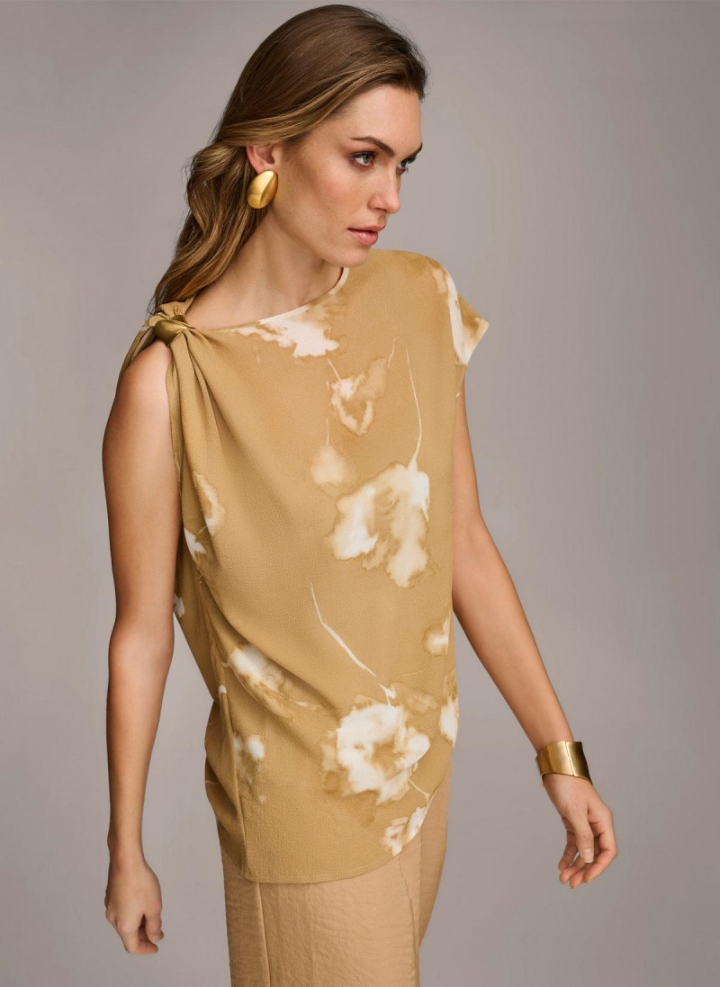 Gold Cream Donna Karan Printed Gathered Hardware Shoulder Sweaters and Tops | PH_DK45752