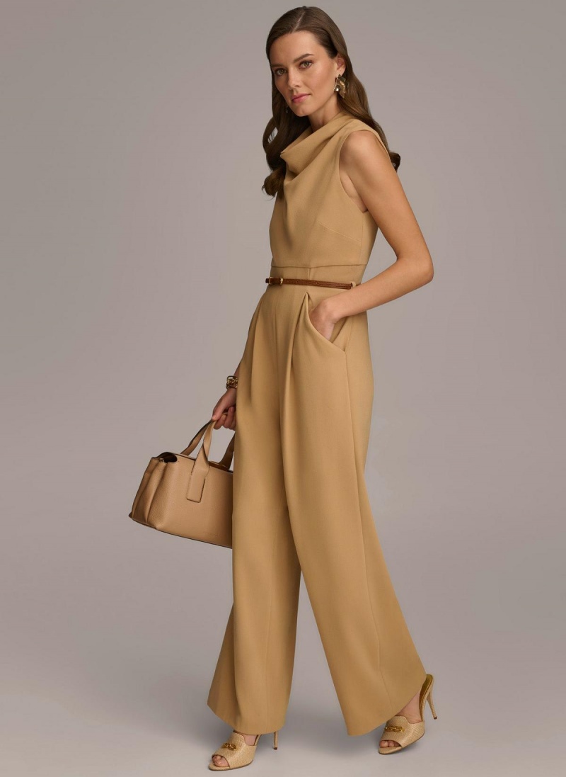 Gold Donna Karan Cowl Neck Belted With Pockets Jumpsuit | PH_DK47125