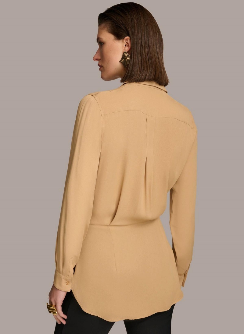 Gold Donna Karan Long Sleeve High-low With Tie At Waist Sweaters and Tops | PH_DK42377