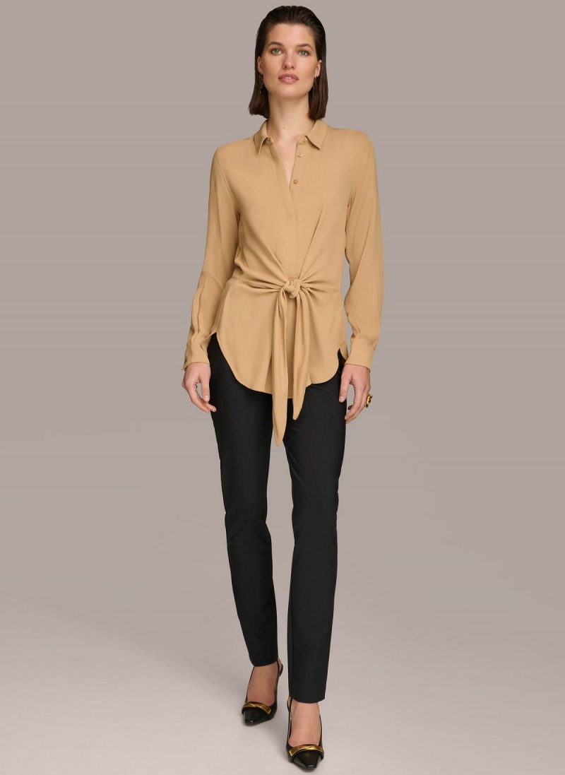 Gold Donna Karan Long Sleeve High-low With Tie At Waist Sweaters and Tops | PH_DK42377